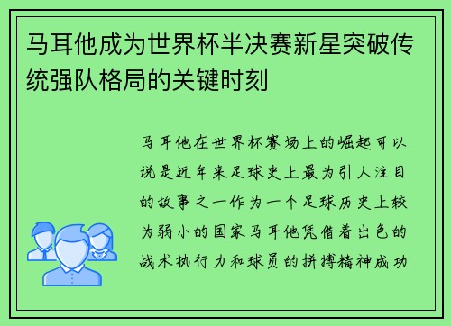 马耳他成为世界杯半决赛新星突破传统强队格局的关键时刻