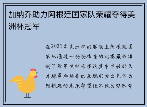 加纳乔助力阿根廷国家队荣耀夺得美洲杯冠军