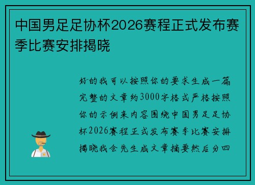中国男足足协杯2026赛程正式发布赛季比赛安排揭晓